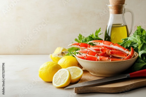 Obraz na płótnie Red Crab Legs with Lemons and Olive Oil on Light Textured Surface w salonie