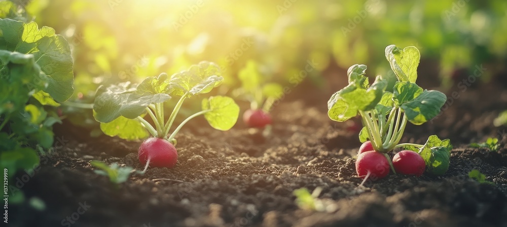 Red Radishes Growing in a Sunny Garden