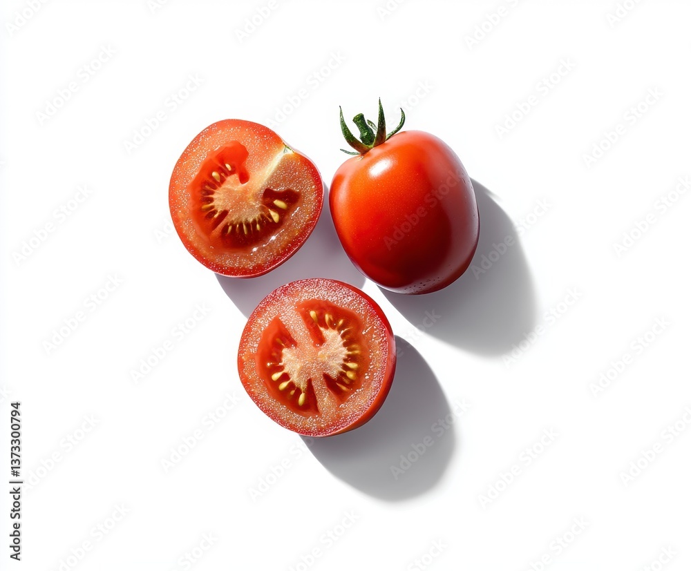 Ripe Red Tomato Halves and Whole on White Background