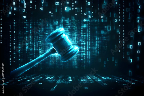 A digital gavel symbolizes the intersection of law and technology, featuring binary code backdrop representing data-driven justice.