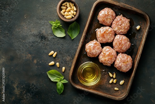 Obraz na płótnie Roasted Meatballs with Pine Nuts and Basil on Rustic Tray w salonie