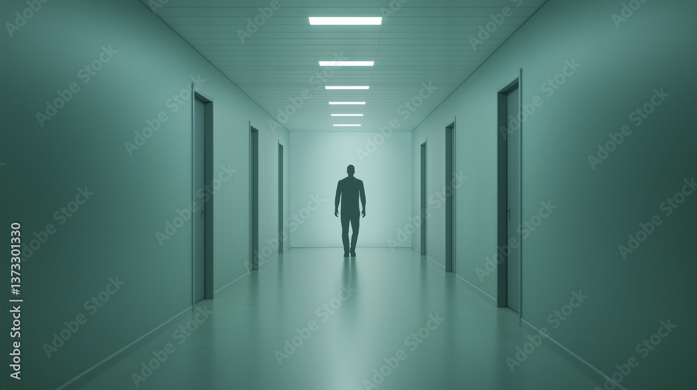 Lone Figure in Hallway: A solitary figure walks down a long, dimly lit hallway. The scene evokes feelings of isolation, mystery, and anticipation. Lone Figure in Hallway: A solitary figure walks down a long, dimly lit hallway. The scene evokes feelings of isolation, mystery, and anticipation.