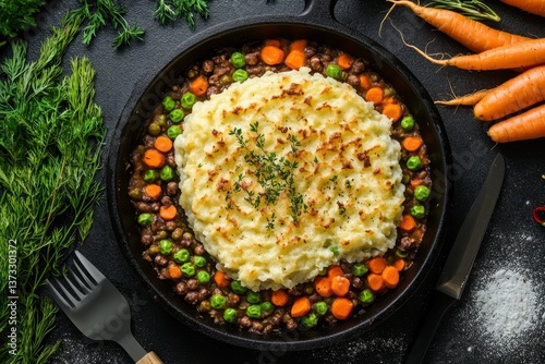 Obraz na płótnie Rustic Creamy Mashed Potato and Lentil Shepherd's Pie in Cast Iron Skillet w salonie