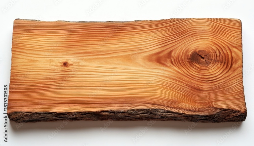 Rustic Light Brown Wood Plank with Natural Edge on White Background
