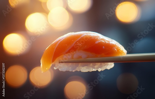 Obraz na płótnie Salmon Nigiri Sushi Close up with Warm Bokeh Lighting w salonie