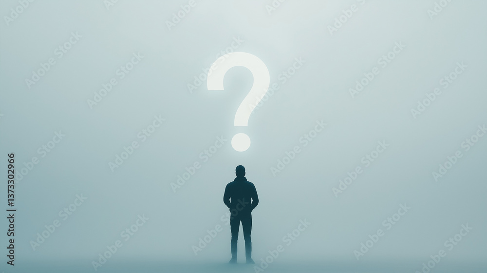 Navigating Uncertainty: A solitary figure stands dwarfed beneath a luminous question mark, symbolizing the complexities of decision-making. Evokes mystery and introspection. Navigating Uncertainty: A solitary figure stands dwarfed beneath a luminous question mark, symbolizing the complexities of decision-making. Evokes mystery and introspection.