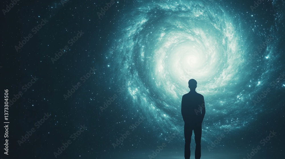 Fototapeta premium Gazing into the Cosmos: A solitary figure stands in quiet contemplation before the swirling expanse of a luminous galaxy, a visual metaphor for exploration, wonder.