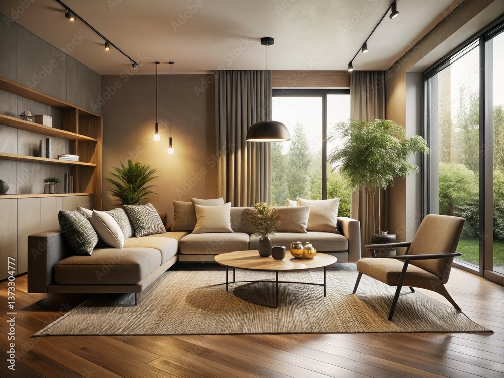 Fototapeta premium Modern Minimalist Living Room Low Light Photography - Neutral Decor, Natural Textures, Clean Lines