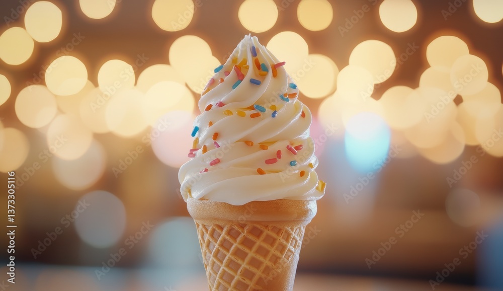 Swirled Soft Serve Ice Cream Cone with Sprinkles and Bokeh Lights