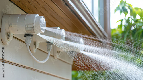 Misting systems provide refreshing outdoor experience, ideal for patios and gardens. This setup features multiple water sprayers, enhancing comfort during warm days