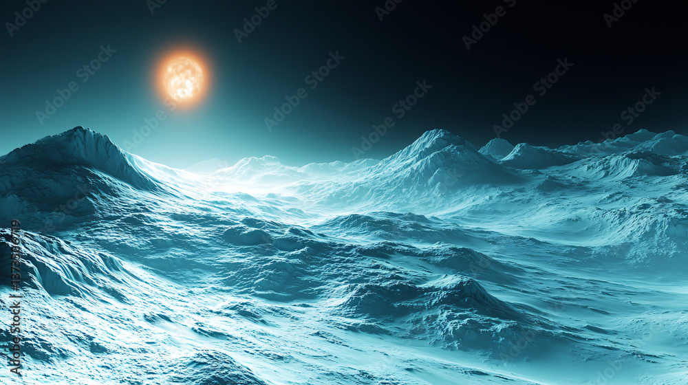 Fototapeta premium Breathtaking mountain range illuminated by bright sunlight creating a surreal dreamlike landscape with volumetric light and majestic peaks.