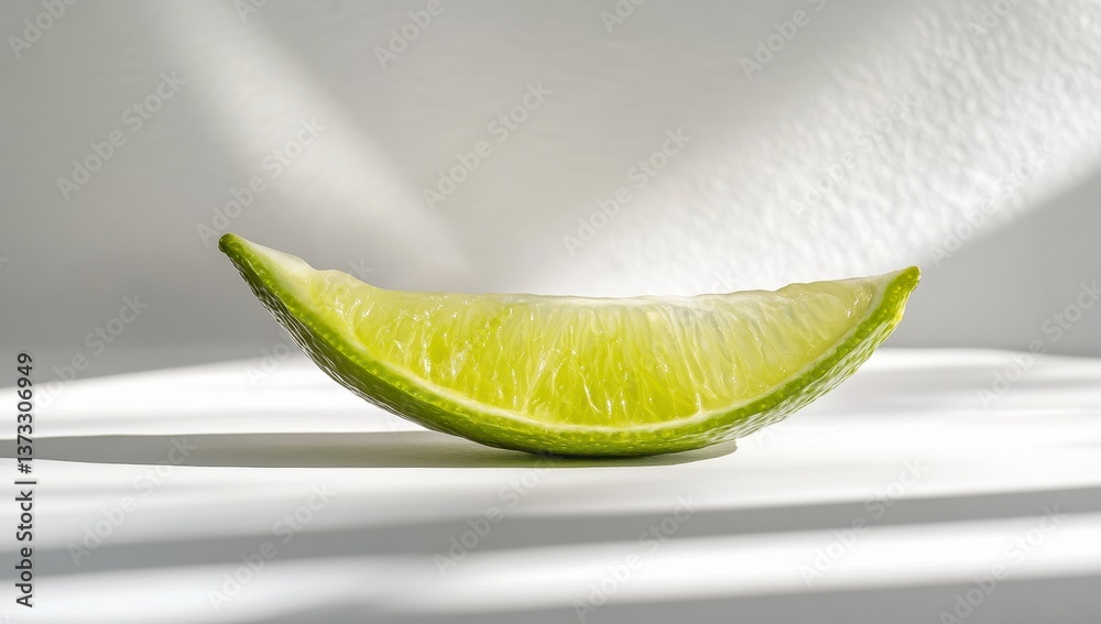 Vibrant Green Lime Wedge in Sunlight on White