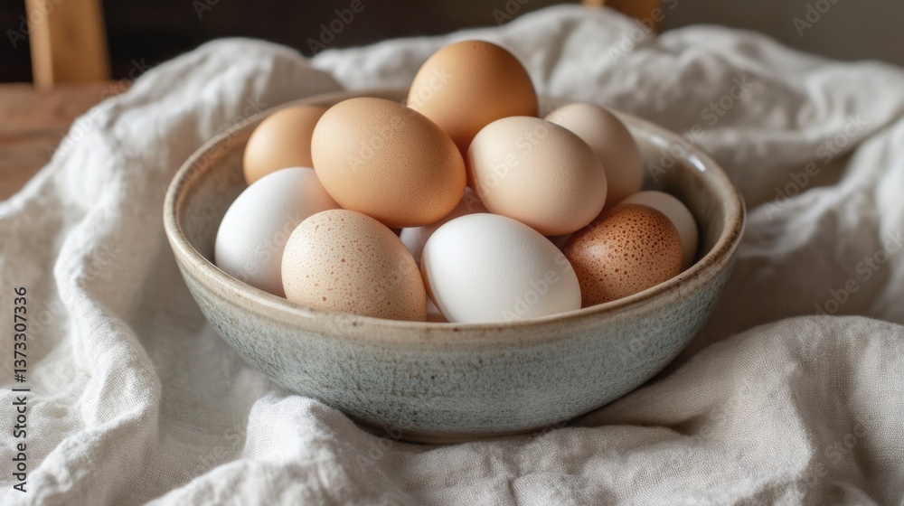 Fresh Organic Eggs in a Decorative Bowl on Soft Linen Cloth Fresh Organic Eggs in a Decorative Bowl on Soft Linen Cloth