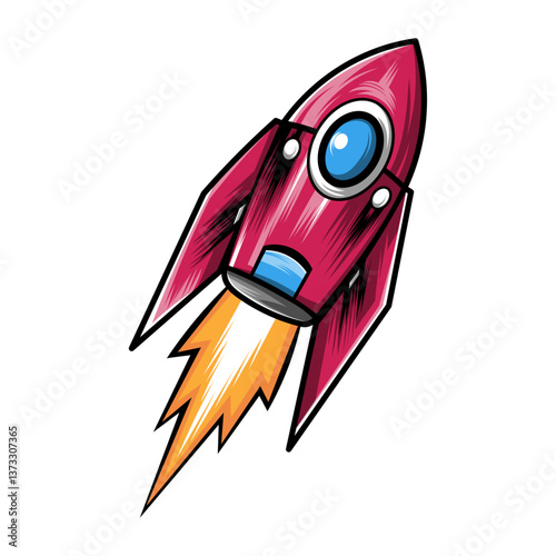 Cartoon Rocket Blasting Off with Fire Trail – Red and White Spaceship Vector Illustration with Blue Window – Perfect for Space Themes, Sci-Fi Designs, Kids Graphics, and Educational Projects