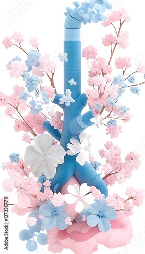 Lungs with flowers, 3D render, and pastel.