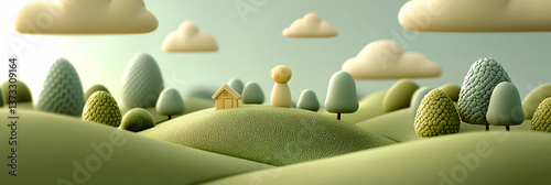 Whimsical Pastel Green Hillside Landscape with Tiny Houses and Trees