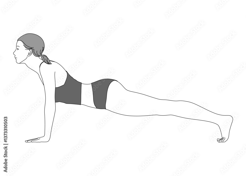 ヨガ 板のポーズをする日本人女性のイラスト 全身横向き