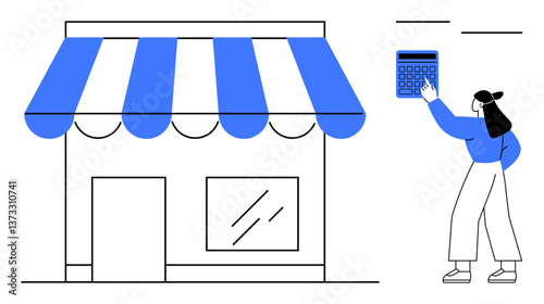 Shopfront with striped awning, a woman calculating finances on a large calculator. Ideal for business, finance, budgeting, strategy, planning, entrepreneurship accounting. Flat simple metaphor