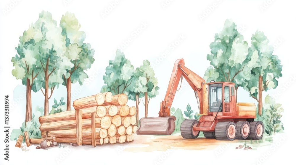 Obraz premium A colorful illustration of a logging machine beside stacked logs and green trees, depicting forestry and wood transportation.