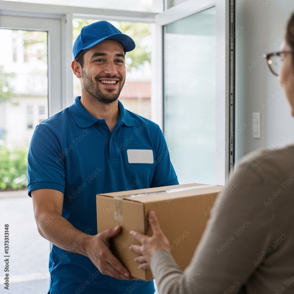 Smiling delivery man delivering cardboard box Smiling delivery man delivering cardboard box