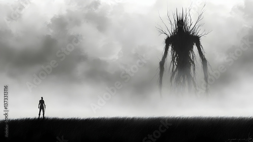 Silhouette of a Colossal Shadowy Figure and a Small Human Figure in a Foggy Landscape