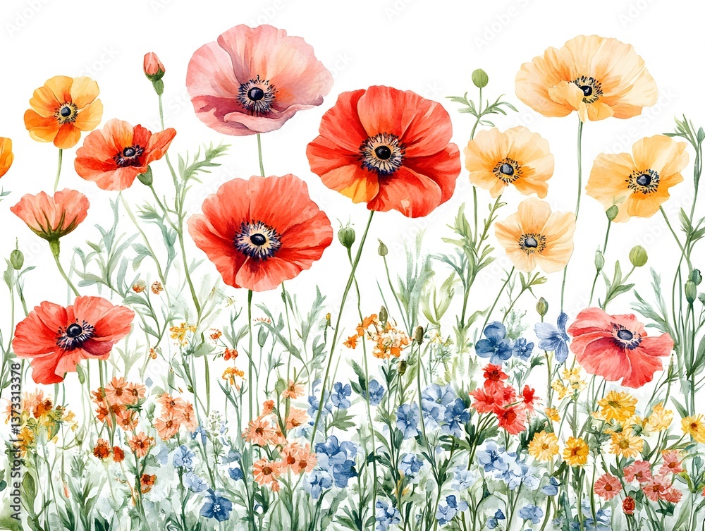 Fototapeta premium A vibrant watercolor painting showcases a delightful arrangement of red and yellow poppies blooming in a lush wildflower meadow.