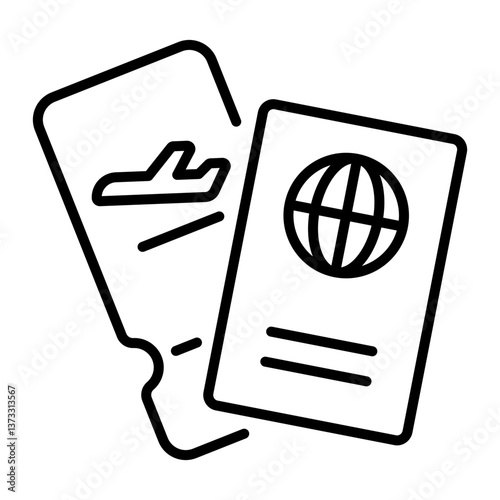 Plane ticket and passport round line vector icon with editable stroke, representing travel documents and essentials. 