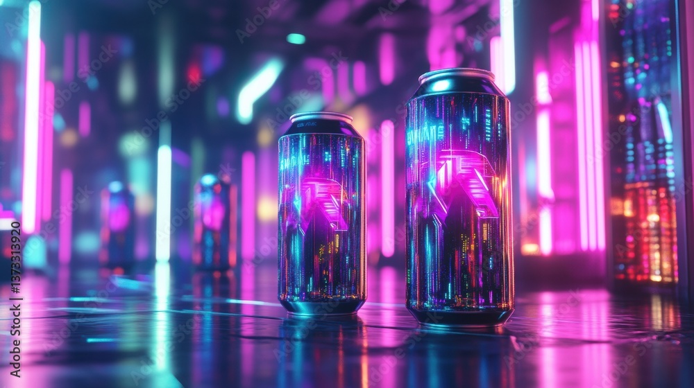 Fototapeta premium Futuristic neon-lit background features stacked energy drink cans in a vibrant cyberpunk setting with electric blue and purple reflections