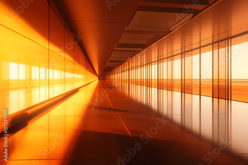 Glass clear interior of airport showcasing concept of travel. Arm orange glow of evening sunlight through large glass window. With reflections on polish floor. Places to travel transport around world.