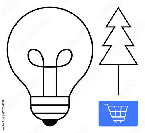 Lightbulb suggesting ideas, evergreen tree for sustainability, and shopping cart emblem. Ideal for innovation, ecommerce, environment, energy, creativity sustainable living green commerce. Flat