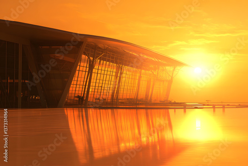 Structure glass clear interior of airport showcasing concept of travel.  Places to travel transport around world.	Arm orange glow of evening sunlight through glass window. Reflections on polish floor.