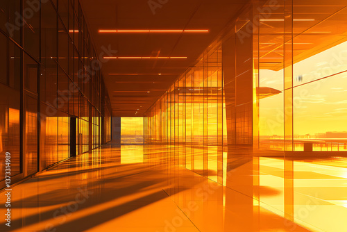Structure glass clear interior of airport showcasing concept of travel. Arm orange glow of evening sunlight through glass window. Reflections on polish floor. Places to travel transport around world.