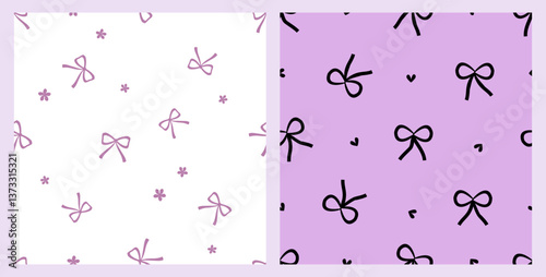 Seamless patterns with ribbon bows, black heart, small flower on white and purple backgrounds vector.  