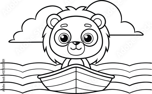 Cartoon Lion Sailing in Boat on Water Outline Illustration, Transparent Background