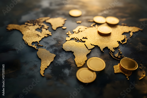 Gold global coin map on black background. World map Surrounded by gold coins money. Copy space for text. Concept of world must move forward with business or money as factor in various investments.