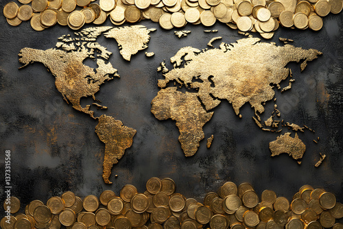 Map gold global coin on black background. World map surrounded by gold coins money. Copy space for text. Concept of world must move forward with business or money as factor in various investments.