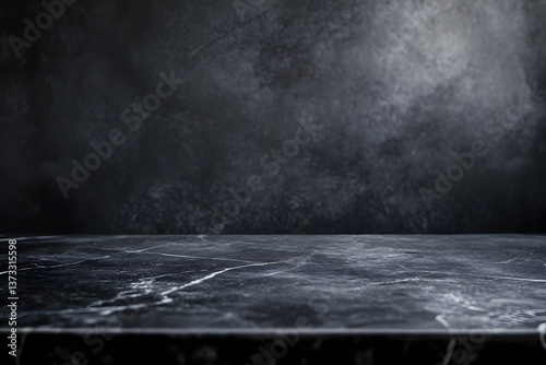 Podium Empty dark black marble table top with dark black cement stone background. Luxury for product stand with empty copy space for promotion. Copy space for text posters for advertising.