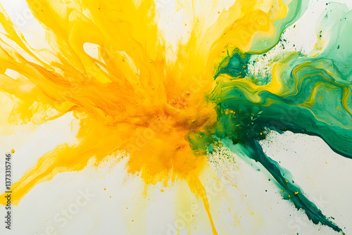 Explosion of colorful powder yellow, green spread throughout area on white background. Colorful smoke spread throughout area. Abstract textured work of art.