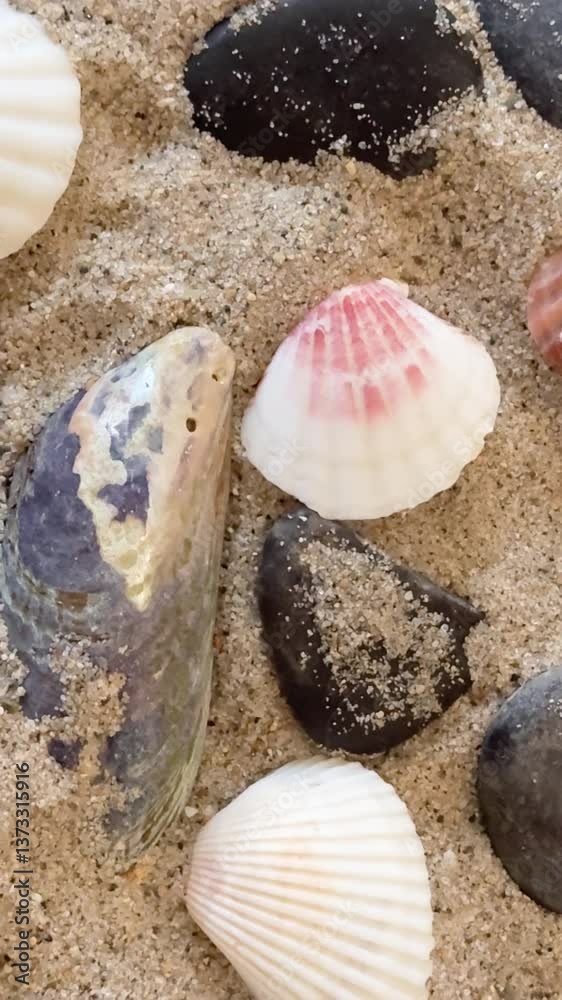 seashells on the beach, in the sand.