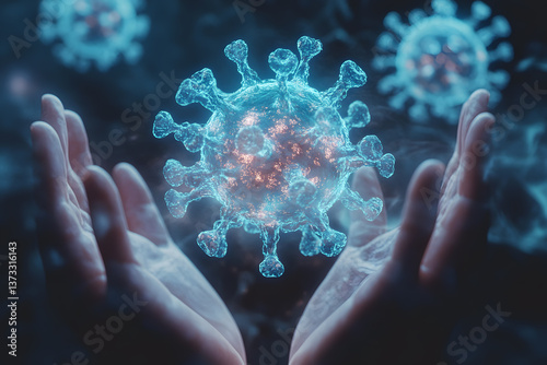 Virtual green glow chromosome DNA analysis in human hands representing virus. Viruses microscopic view banner black background. Structure cancer cells disease system. Medical science. 
