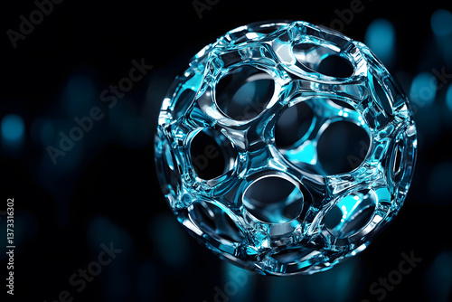 Futuristic 3d of glow blue glass clear spherical molecular structure representing biotechnology on black background. Scientific technology innovation and advanced nanotechnology concepts