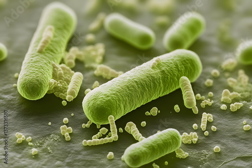Microscopic view of cell probiotics bacteria green for digestive health on green background. Featuring Escherichia coli and microorganisms for biology medicine.