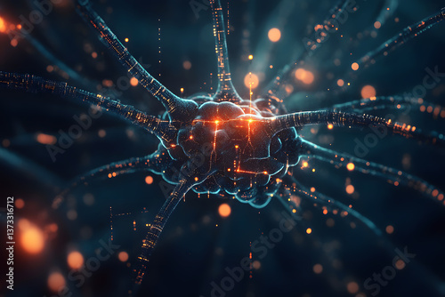Holographic display digital of human neuron brain cell. It represents medical science technology that modern. Electrical impulses in futuristic glowing polygonal style on orange on black background.