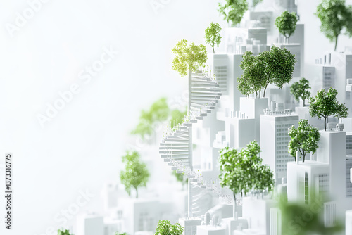 Virtual DNA symbol illustration office buildings on white background. Genome research concept. Biotechnology concept featuring DNA synthesis, replication, modification, and mutation processes. 