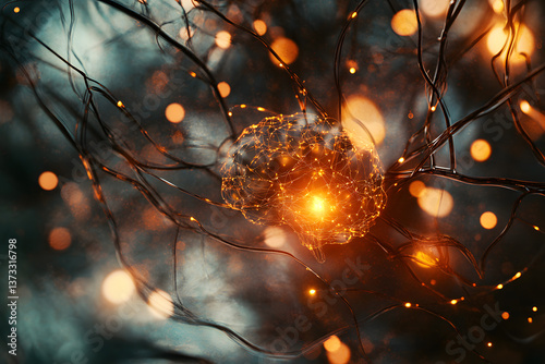 Holographic display digital of structure human neuron brain cell. Represents medical science technology that modern. Electrical impulses in futuristic glow polygonal on orange on black background.