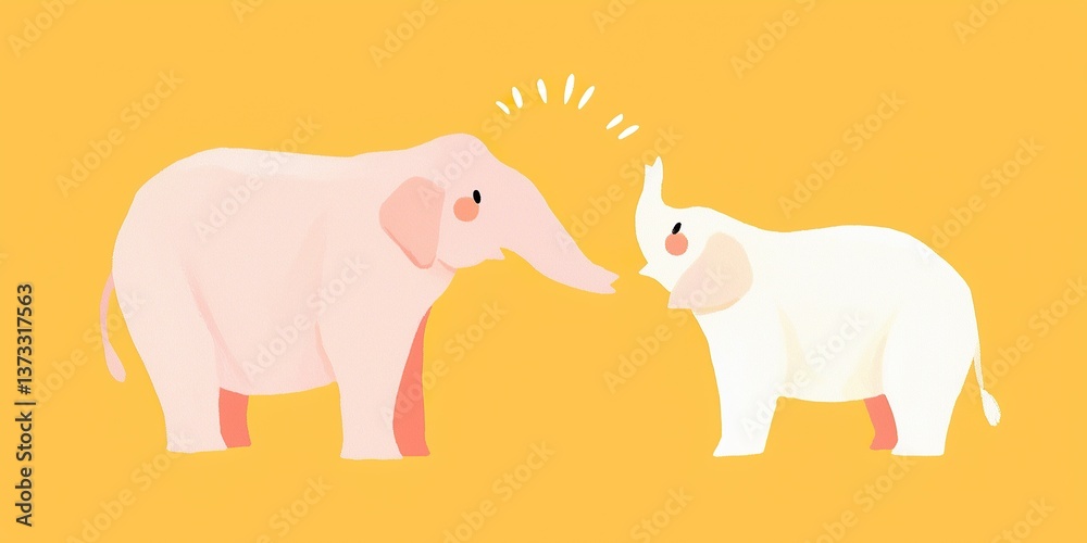 Fototapeta premium Two adorable elephants in shades of pink and white, engaging in a heartwarming interaction against a bright yellow backdrop. Perfect for children's content, the image emanates a sense of joy, love.