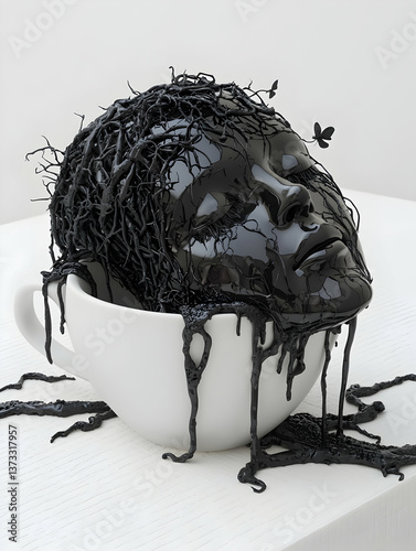Surreal Black Liquid Face in White Cup