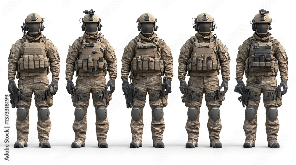 Five soldiers in desert camouflage tactical gear stand in formation ready for deployment against a white background. Five soldiers in desert camouflage tactical gear stand in formation ready for deployment against a white background.