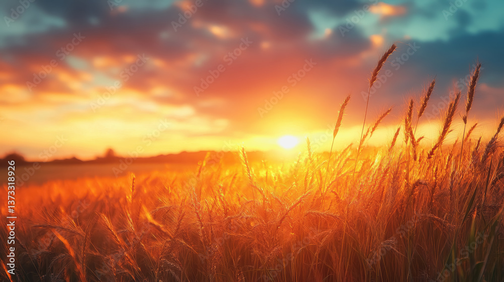 Fototapeta premium Golden wheat field capturing the essence of a beautiful sunset with warm tones and natural beauty of the landscape