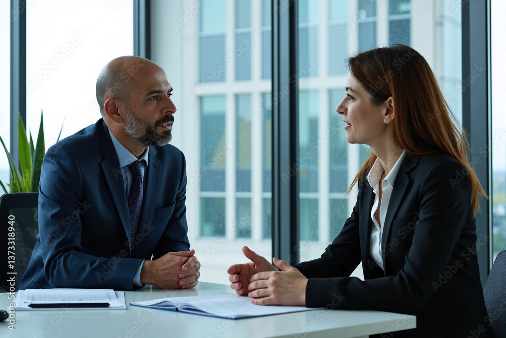 Fototapeta premium Diverse business professionals engaged in serious conversation at modern office meeting table. Male executive and female colleague discussing business matters in contemporary corporate environment